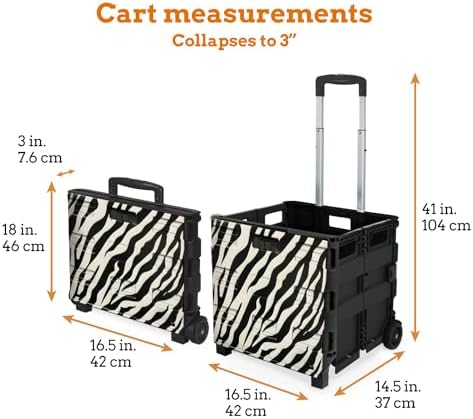 Inspired Living Ultra-Slim Rolling Collapsible Storage Pack-N-Roll Utility-carts, with Telescopic Handle, for Home, Garden, Shopping, Office, School use, Large, Zebra - Image 2