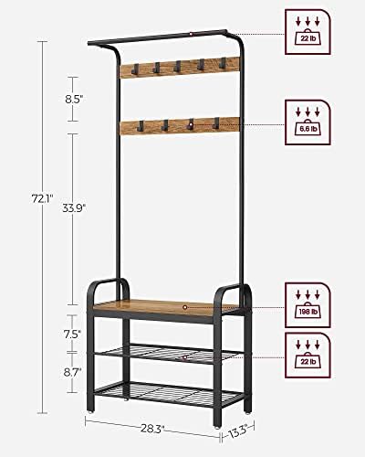 VASAGLE Coat Rack, Hall Tree with Shoe Bench for Entryway, Entryway Bench with Coat Rack, 4-in-1, with 9 Removable Hooks, a Hanging Rod, 13.3 x 28.3 x 72.1 Inches, Rustic Walnut and Black UHSR040B41 - Image 5