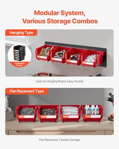 VEVOR Wall Mounted Storage Bins, 12 Plastic Bins & 3 Metal Rails, Plastic Hanging Stackable Storage Bin for Screws, Nuts, Bolts, Nails, Hardware Tool Organizer for Workshop, Craft Room, Garage, Red - Image 4