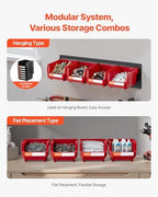VEVOR Wall Mounted Storage Bins, 12 Plastic Bins & 3 Metal Rails, Plastic Hanging Stackable Storage Bin for Screws, Nuts, Bolts, Nails, Hardware Tool Organizer for Workshop, Craft Room, Garage, Red - Image 4