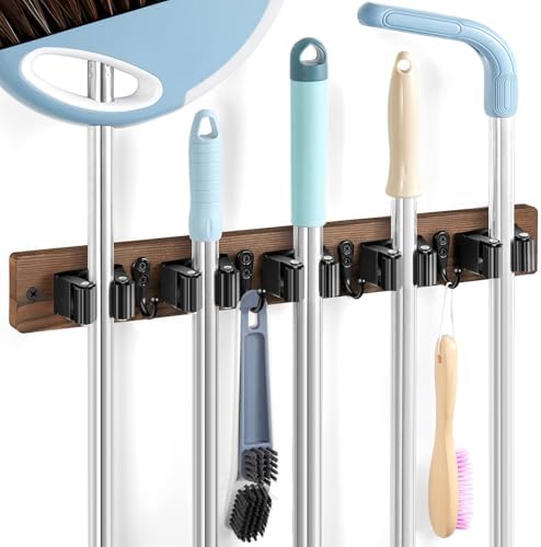 Brown Broom Holder Wall Mount - Heavy Duty Wood Mop and Broom Organizer with 5 Slots & 4 Hooks - Rustic Garden Tool Hanger for Laundry Room Closet Kitchen Garage Storage and Organization by Unknown