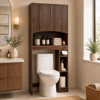VINGLI Over-the-Toilet Storage Cabinet, 31.5" W Dark Walnut Bathroom Space Saver with Fluted Curved Doors, Adjustable Shelf, Reversible Side Shelves, Toilet Paper Holder and Anti-Tip Kit by VINGLI