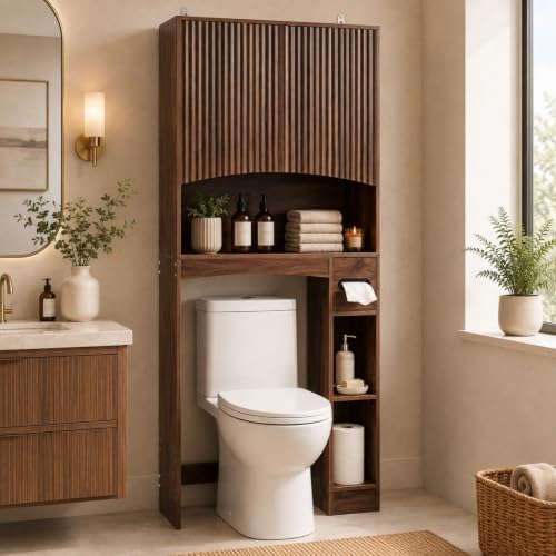 VINGLI Over-the-Toilet Storage Cabinet, 31.5" W Dark Walnut Bathroom Space Saver with Fluted Curved Doors, Adjustable Shelf, Reversible Side Shelves, Toilet Paper Holder and Anti-Tip Kit by VINGLI