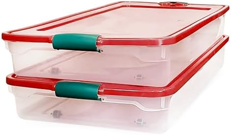 HOMZ 60-Quart Holiday Plastic Underbed Storage Bins with Red Latching Lids, Secure Clear Rolling Storage for Home Organization, 2 Pack, Green Latches by Homz