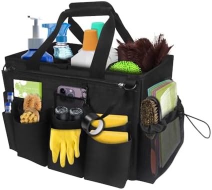 Qivine Cleaning Caddy with Handle, Cleaning Supply Caddy Foldable Tool Bag Cleaning Products Organizers Portable Cleaning Bucket Organiser for Storing Towels（Black Square） by Qivine