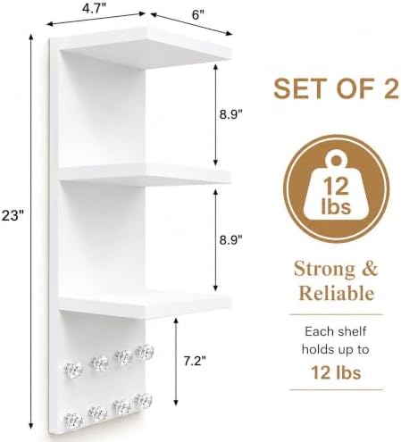 3 Tier White Floating Wall Vanity Shelf with 8 Crystal Hooks, Set of 2 Wall Mounted Bathroom Organizer for Perfume, Makeup, Skincare, Jewelry, Key Holder Display Shelf for Vanity, Entryway - Image 3