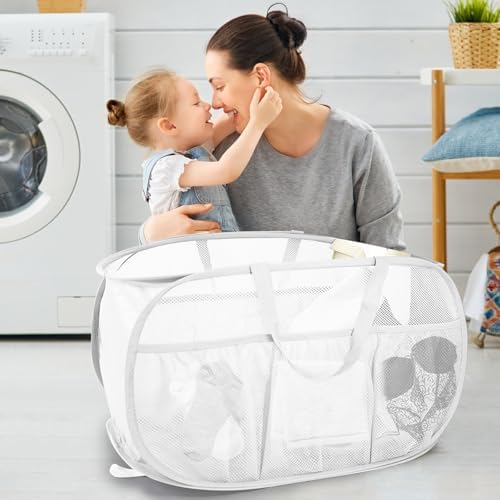 2 Pack Collapsible Laundry Baskets, Upgrade Pop Up Laundry Hamper with Convenient Bags, Foldable Laundry Basket Mesh Light Weight, Easy to Carry Clothes Hampers for Laundry, Dorm, Toys, Travel White - Image 2