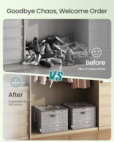 SONGMICS Shoe Organizer for Closet, 2 Pack Fabric Bins, Fits up to 32 Pairs | Shoe Storage Box with Clear Lid, Storage Compartments with Reinforced Handles, Dove Gray, TINA Collection ULSP602G01 - Image 4