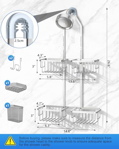 Adjustable Shower Caddy Hanging for Handheld Showerheads - Upgraded Never Rust Shower Hanging Organizer, Bathroom Shower Rack with Soap Basket, Hooks and Toothbrush Holder (Shiny Silver) - Image 2
