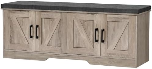 HOMSHO Farmhouse Shoe Storage Bench with 4 Barn Doors & Padded Seat Cushion by HOMSHO