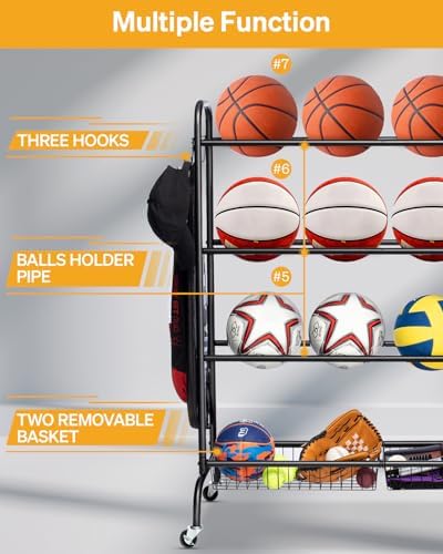 EXTCCT Basketball Rack with Wheels, 4 Tier Garage Ball Storage Organizer - Image 2