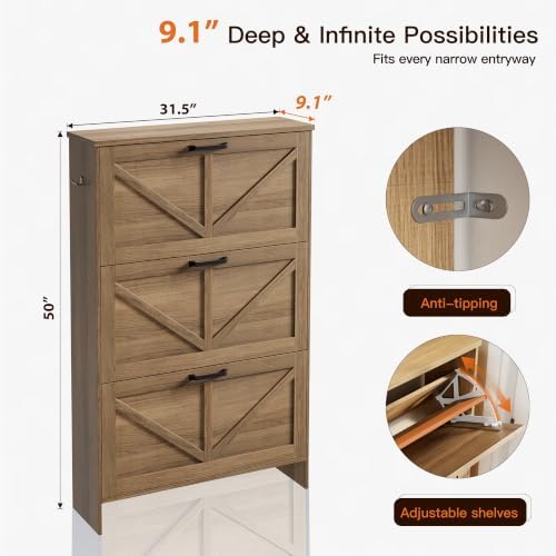 Nicetree Shoe Cabinet for Entryway, 3 Flip Drawers Shoe Storage Cabinet with 3-Tier Adjustable Shelves, Ultra Slim Freestanding Hidden Shoe Organizer with Barn Door Design, Caramel Brown - Image 2