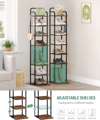 Hzuaneri 8 Tiers Vertical Shoe Rack, Narrow Shoe Tower, Tall Shoes Shelf with 2 Hooks, Adjustable Shelves, Corner Shoes Shelves for Small Spaces, Entryway, Living Room, Rustic Brown SR04301B - Image 4