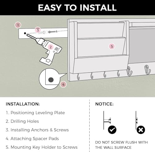 Ziivita Key Holder for Wall - Mail Holder Organizer Wall Mount with Shelf - Hanging Key Rack Hanger with Hooks Decorative for Home Letter Dog Leash Entryway Living Room Decor - Image 6