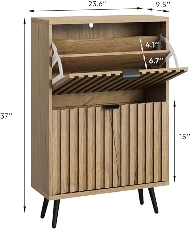 Smuxee Shoe Cabinet with 2 Flip Drawers, 23.6" Natural Hidden Shoe Storage Cabinet with Fluted Design, Freestanding Shoe Organizer Cabinet for Entryway, Hallway, Closet, Living Room - Image 2