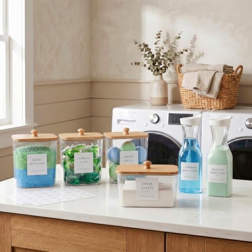 4+2 Pack Laundry Pods Containers & Dryer Sheet Holder & Laundry Detergent Dispenser, Laundry Room Organization and Storage Jars with Lids, Labels and Scoops for Scent Booster, Powder, Pods - Image 2