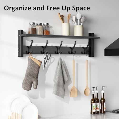 Optish Coat Rack Wall Mount with Shelf, 24 Inch Coat Hanger Walls Mounted, Hat Rack for Walls, Shelf with 5 Coat Hooks, Wall Hanger for Entryway (Black) - Image 6