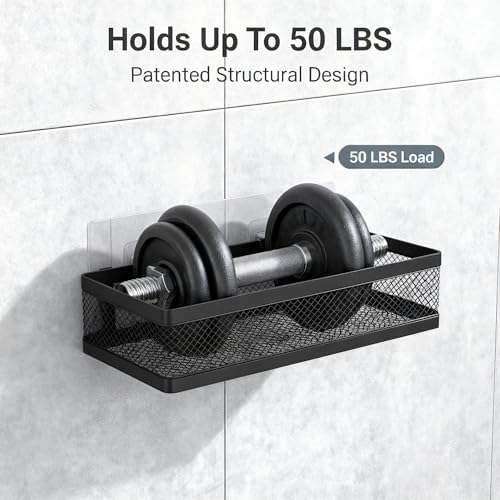 PUSDON Mesh Shower Caddy Wall Mount, Heavy Duty Adhesive Bathroom Shelf Organizer, Rustproof Floating Spice Rack for Kitchen Pantry, Holds 50 LBS, Multi-Purpose Storage Black-2 Packs (Netting) - Image 6