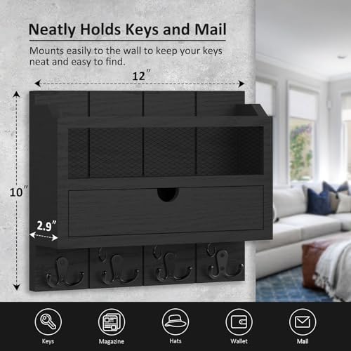 Nekon Mail Organizer with Drawer for Wall, Wooden Key Holder, Black - Image 5
