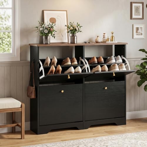 Nicetree Shoe Cabinet, 4 Flip Drawers Slim Black with Walnut Top Entryway by Nicetree