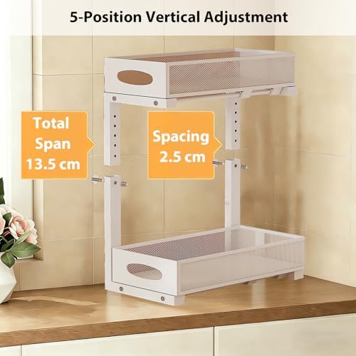 2 Pack Under Sink Organizer, 2-Tier Pull Out Kitchen Cabinet Organizer, Height Adjustable Metal Slide Out Bathroom Organizers and Storage Makeup Drawer Organizer for Office Bedroom(A-White, 2Pack) - Image 4
