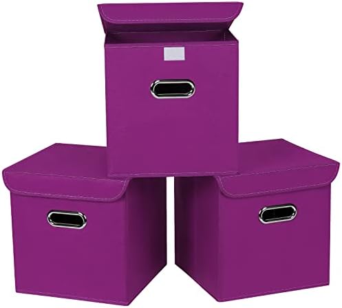 Closet Organizers Fabric Storage Bins With Lids Collapsible Cube Storages Organizer Basket With Handles,Storage Boxes for Clothes Storage,Office,Toys,3 Pack,（Purple by SEVENDOME