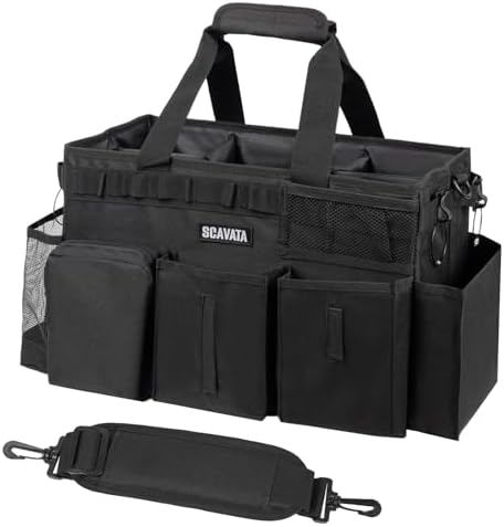 SCAVATA Wearable Cleaning Caddy Bag, Supplies Organizer with Handle & Shoulder Straps for Housekeepers, Under Sink & Car Cleaning Tool Organizer with 4 Foldable Dividers (Black) by Tidyyourlife