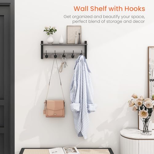 Homode Wall Hooks with Shelf, Coat Rack Wall Mount, Entryway Shelf with Hooks for Clothes, Backpack, Key, Purse - Rustic Grey - Image 2