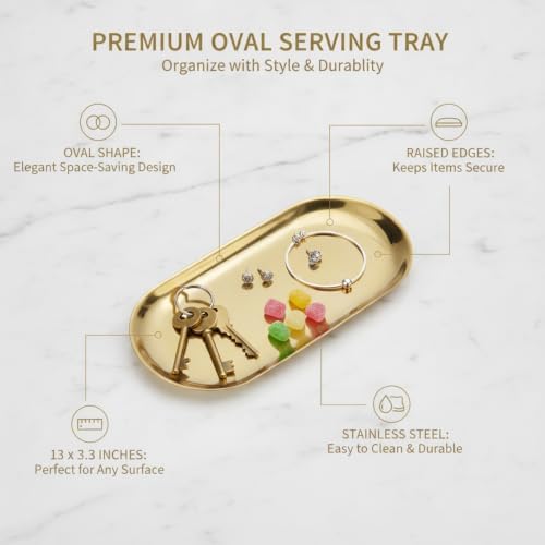 Oval Serving Tray, Stainless Steel Catchall for Keys Jewelry Snacks, Decorative Organizer for Vanity Entryway (1 PC) - Image 5