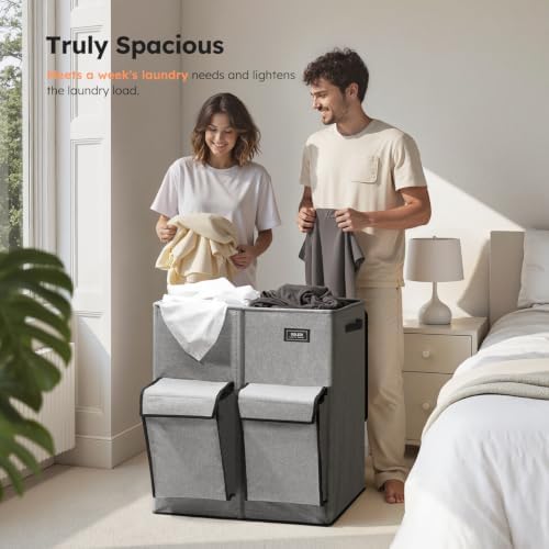 SOLEDI 180L Double Laundry Hamper with Lid and 2 Side Pockets, Dual Hamper - Image 3
