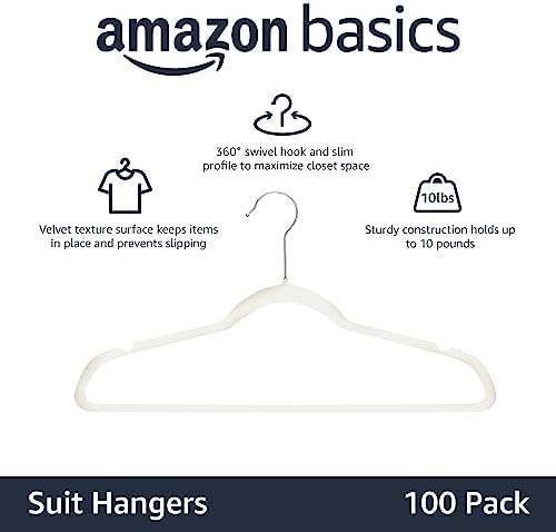 Amazon Basics Slim Velvet Non-Slip Space Saving Suit Clothes Hangers for Closet Organization, Ivory/Beige, 100-Pack - Image 2