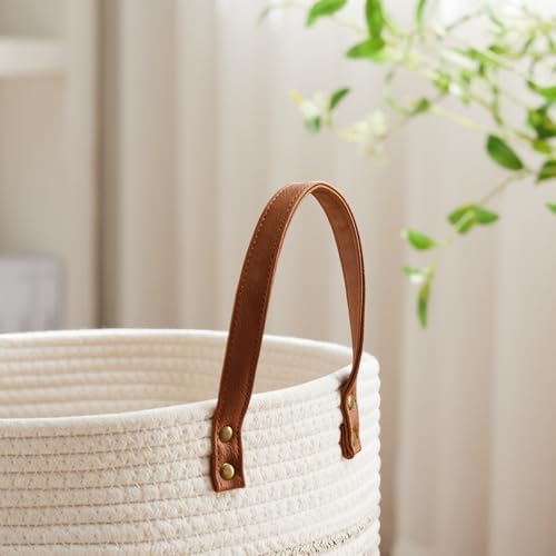 VIPOSCO 53L Tall Woven Rope Laundry Hamper, Leather Handles, Brown & White - Image 3
