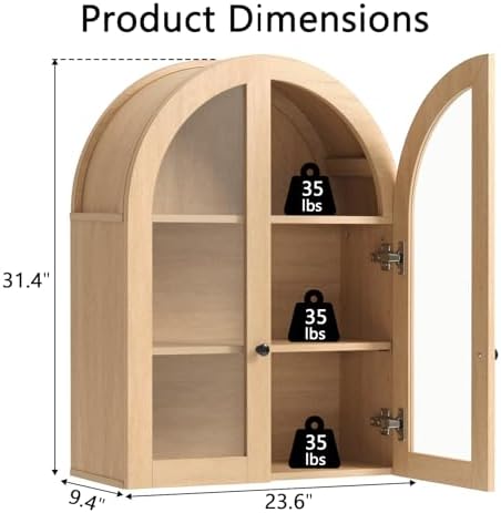 Bathroom Arched Wall Cabinet Over The Toilet Storage Cabinet, 23.5×31.4 Inch bathroom cabinet wall mount with Glass Doors & Adjustable Shelves, Wood Cabinet for Laundry Room, Kitchen,Natural oak - Image 2