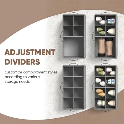 OIAHOMY 4 Pack Shoe Organizer for Closet, Foldable Shoe Storage Bins with Adjustable Dividers, Stackable Oxford Cloth Sneaker Boxes for Entryway Bedroom, Fits Up to 32 Pairs, Grey - Image 5