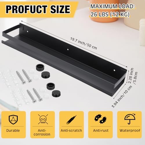 Lallisa 2 Pieces Stainless Steel Shelf Bathroom Shower Floating Shelves Wall Mounted Shower Caddy Basket Shelf Storage Organizer Shelves for Bathroom, Kitchen, Living Room(19.69 Inches/ 50 cm,Black) - Image 3