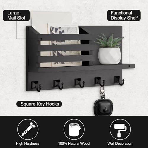 Key Holder Wall Mount, Mail Organizer for Wall with 5 Square Key Hooks - Image 2
