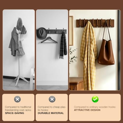 QUELLANCE Wood Coat Rack Wall Mount, Coat Hooks Hanger Wall Mounted, Heavy Duty Wall Coat Rack with 8 Hooks for Hanging Coats/Keys/Hats/Robe&Towels/Plants/Bags, Walnut - Image 6