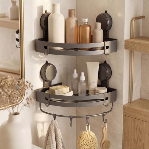 Suction Cup Shower Caddy(2-Pack Gray),Single 1.77 Inches High No-Drilling Aluminum Bathroom Organizer with Towel Bar & Hooks,Moder wall Shower Shelf and Storage Decor by Unknown