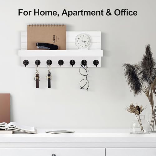 Lwenki Key Holder Wall Mount, Entryway Key and Mail Holder with 7 Sturdy Hooks for Sunglasses, Dog Leash, Decorative Wall Shelf with Mounting Hardware, 15”W x 6.7”H x 4.2”D (White) - Image 5