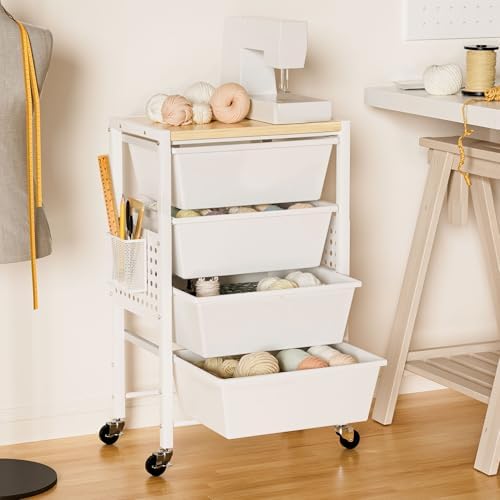 Rolling Cart with Drawers, Rolling Storage Cart with 4 Large Plastic Drawers & Wooden Tabletop, Utility Cart with Pegboards & Basket, Storage Drawers Cart for Living Room, Classroom, Bedroom, Office - Image 4