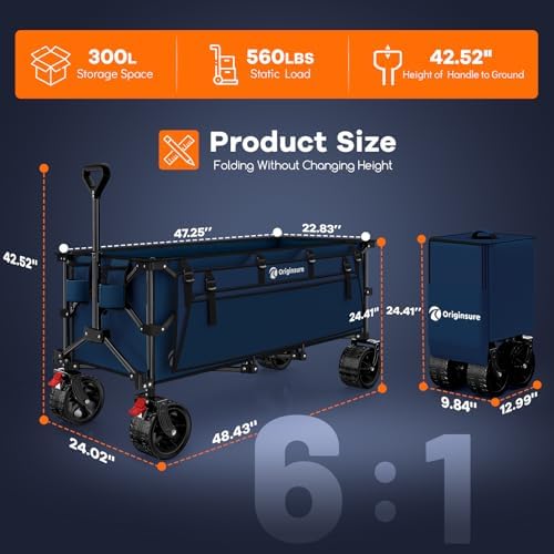 Originsure 300L Collapsible Beach Wagon Cart with Big Wheels, 560lbs, Blue - Image 2