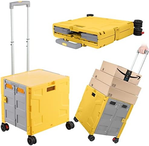 Foldable Shopping Utility Cart Portable Rolling Crate Handcart with 360°Rotate Wheel,Hidden Lid,Telescoping Handle Collapsible for Travel Shopping Moving Storage Office Use(Yellow/Gray) by ZIYOULANG