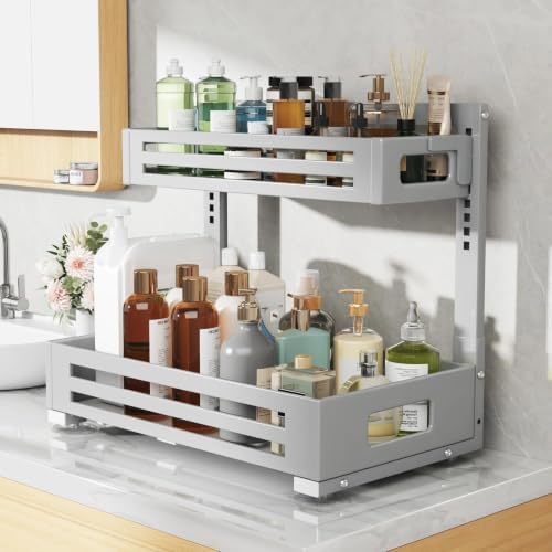 2 Pack 17IN-Depth Under Sink Organizer,Pull Out Cabinet Organizer With Smooth Cylindrical Rail,Metal Slide Out Drawer for Kitchen Bathroom Laundry,8-Level Tool Free Height Adjustable-Gun Gray - Image 5