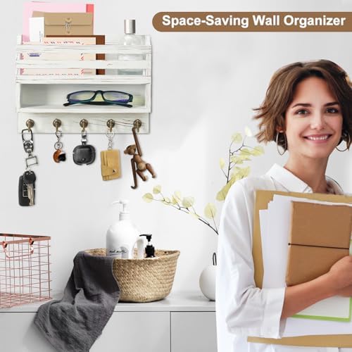 Key Holder Wall Mount with Mail Organizer, 5 Key Hooks, White - Image 3