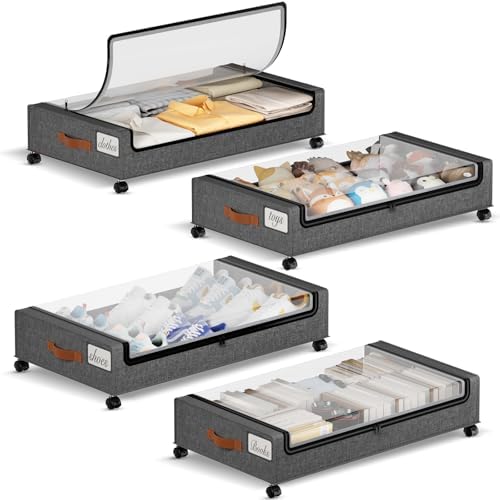 Yecaye 60L Under Bed Storage with Wheels, 4 Pack, Hemp Grey | 360° Rolling Wheels, Clear Lids & Label, Reinforced Handle, Rolling Metal Drawers for Clothes, Blankets, Shoes in Bedroom by Yecaye