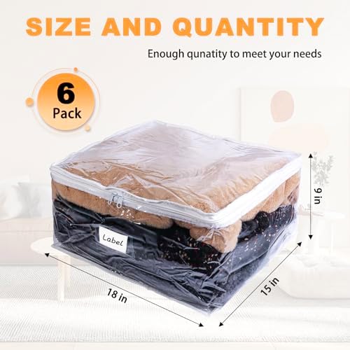 Clear Zippered Plastic Clothes Storage Bags, 6 Pack, White | Clear Storage Bags with Zipper Plastic Storage Bags for Clothes Sweaters Blankets Sheets, Size: 18 x 15 x 9 Inch - Image 2