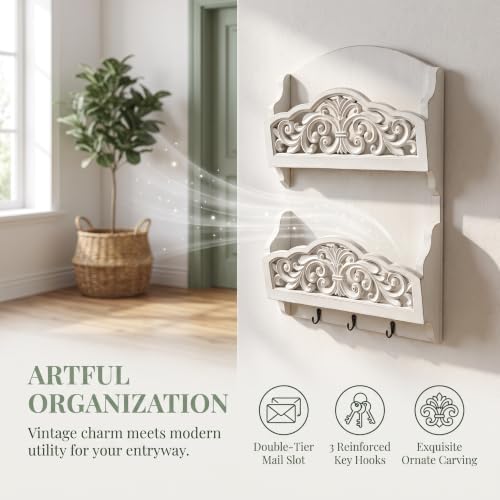 Rustic Key and Mail Holder, 2 Slot Wall Organizer with 3 Key Hooks - Image 7