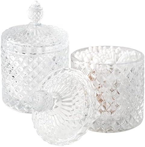 2 Pack Qtip Holder Thick Glass Apothecary Jars with Lid for Bathroom Decor Storage Organizer for Cotton Swabs, Balls, Pads, Floss Picks, Candy, Jewelry, Clear by rejomiik