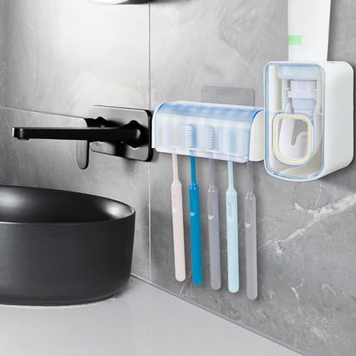 5 Slots Wall Mount Toothbrush Holder with Cover, Self Adhesive Toothbrush Storage Organizer for Shower, Toothbrush Hanger with Automatic Toothpaste Squeezer Dispenser(White + Blue) - Image 6
