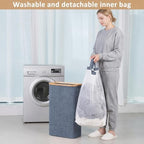iEGrow 65L Slim Laundry Hamper, Narrow Laundry Basket with Lid,Foldable Clothes Hamper with Bamboo Handles,Hamper Basket with Removable Inner Bag for Laundry Room Bedroom College Dorm,17.17 Gals Blue - Image 4